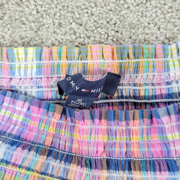 Tommy Hilfiger Smocked Plaid Top Womens XL Pink Puff Sleeve Cropped Peplum New - Picture 2 of 13